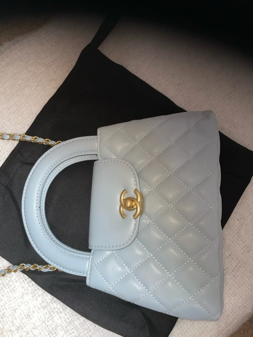 CHANEL Light Blue Quilted Mini Top-Handle Crossbody Bag with Gold Chain - Picture 3 of 9
